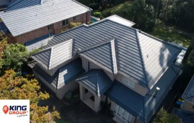 Aerial drone view dark tile roof and clean gutters Greater Sydney